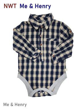 Me & Henry Navy & Cream Plaid Woven Long-sleeve Cotton Bodysuit 12/18M